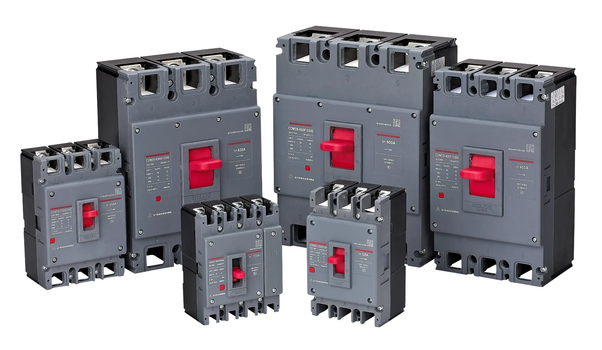 BREAKERS REGULABLE CAJA MOLDEADA TERMOMAGNETICO CDM3S | 3 POLOS | 230/240/400/415 VAC | 36KA A 230/240 VAC -  25KA A 400/415 VAC (Breaker Fijo 3F CDM3S-125C/3300 20A, icu: 36ka 230/240Vac, Delixi)